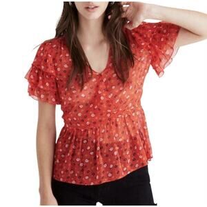 Madewell Tiered Sleeve Peplum Top Metallic Prairie Posies Size 0